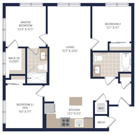 Floor plan for 3 beds, 2 baths, 969 sqft